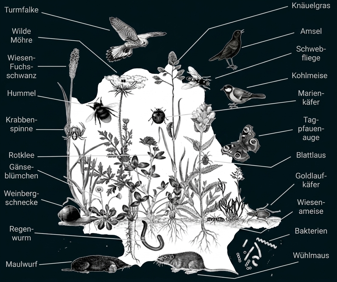 Lebensraum mit Pflanzen, Tieren und Insekten im Wiesenökosystem.